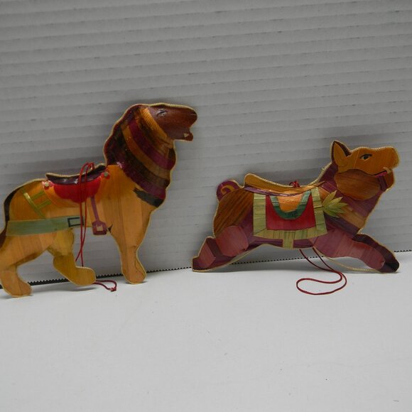 Vintage Wood Strip Christmas Ornaments Folk Art Tigers Lions Set of 7 RARE - Picture 4 of 4